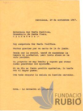 Carta emesa per Fernando Rubió Tudurí a Sor Pacífica Maria