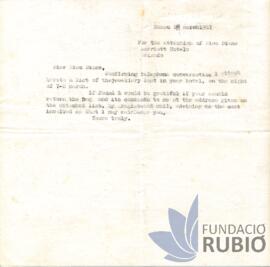 Carta emesa per Fernando Rubió Tudurí a Harriot Hotels
