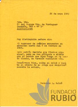 Carta emesa per Fernando Rubió Tudurí a Maria del Carmen Vda. de Verdaguer