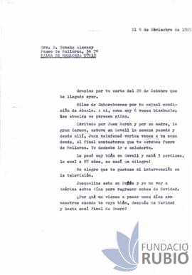 Carta emesa per Fernando Rubió Tudurí a Concha Alemany