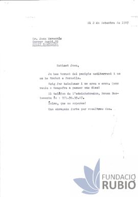 Carta emesa per Fernando Rubió Tudurí a Joan Raventós