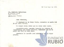 Carta emesa per Fernando Rubió Tudurí a Fabrizio Caviglione