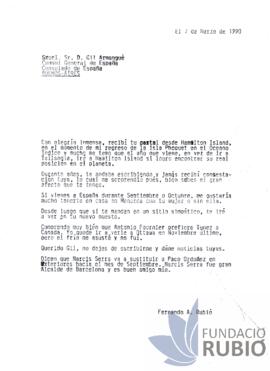 Carta emesa per Fernando Rubió Tudurí a Gil Armangué