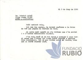 Carta emesa per Fernando Rubió Tudurí a Gabriel Julià