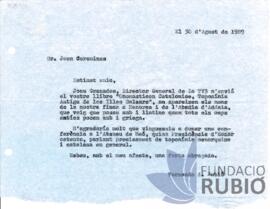 Carta emesa per Fernando Rubió Tudurí a Joan Coromines