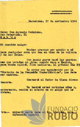 Carta emesa per Fernando Rubió Tudurí a Antonio Goñalons