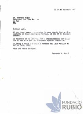 Carta emesa per Fernando Rubió Tudurí a Bernardo Vidal