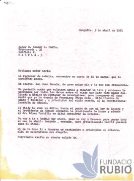 Carta emesa per Fernando Rubió Tudurí a Amador Marín