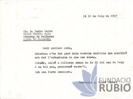 Carta emesa per Fernando Rubió Tudurí a Pedro Serra