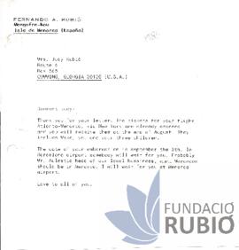 Carta emesa per Fernando Rubió Tudurí a Judy de Rubió