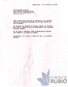 Carta emesa per Fernando Rubió Tudurí a Alfredo Sánchez-Bella