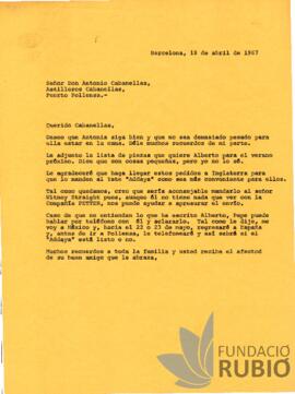 Carta emesa per Fernando Rubió Tudurí a Antonio Cabanellas