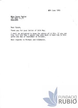 Carta emesa per Fernando Rubió Tudurí a Susan Taylor