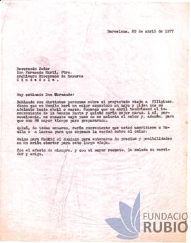 Carta emesa per Fernando Rubió Tudurí a Fernando Martí, prevere