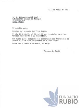 Carta emesa per Fernando Rubió Tudurí a Alfonso Cavallé Sesé