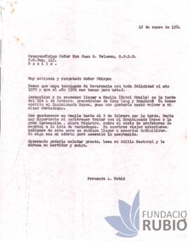 Carta emesa per Fernando Rubió Tudurí a Juan B. Velasco
