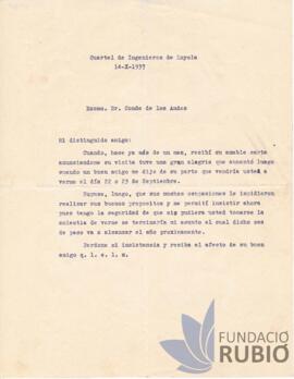 Carta emesa per Fernando Rubió Tudurí al Conde de los Andes