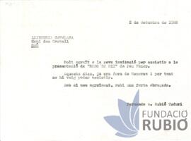 Carta emesa per Fernando Rubió Tudurí a Llibreria Catalana