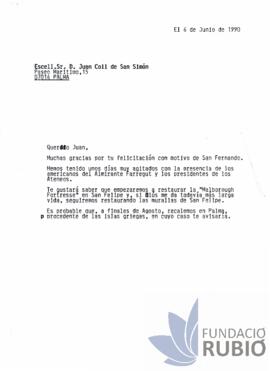 Carta emesa per Fernando Rubió Tudurí a Juan Coll de San Simón