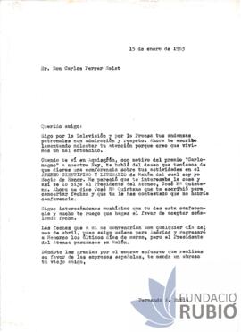 Carta emesa per Fernando Rubió Tudurí a Carlos Ferrer Salat