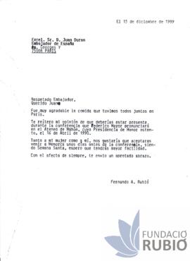 Carta emesa per Fernando Rubió Tudurí a Juan Durán