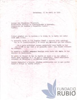 Carta emesa per Fernando Rubió Tudurí a Francisco Vilardell
