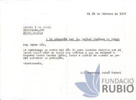 Carta emesa per Fernando Rubió Tudurí a Rafael Jiménez de Parga