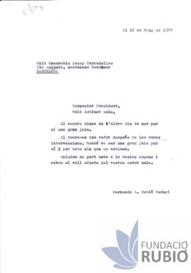 Carta emesa per Fernando Rubió Tudurí a Josep Tarradellas