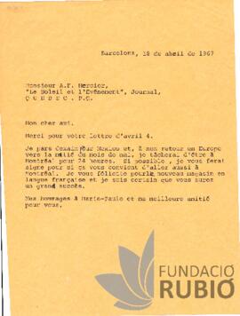 Carta emesa per Fernando Rubió Tudurí a A. F. Mercier