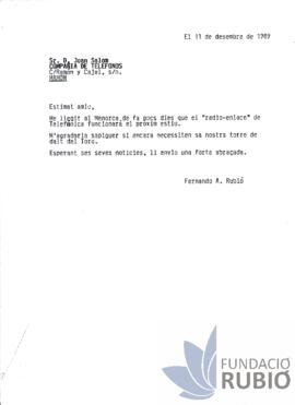 Carta emesa per Fernando Rubió Tudurí a Joan Salom