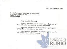 Carta emesa per Fernando Rubió Tudurí a Carmen Victory de Castillo