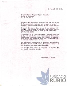 Carta emesa per Fernando Rubió Tudurí a Miquel Moncadas