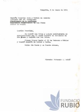 Carta emesa per Fernando Rubió Tudurí a Faustino Ruíz y Taviel de Andrade