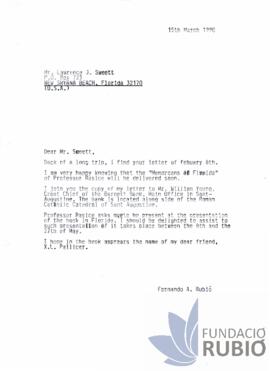 Carta emesa per Fernando Rubió Tudurí a Lawrence J. Sweett