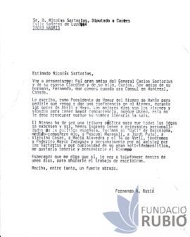 Carta emesa per Fernando Rubió Tudurí a Nicolás Sartorius