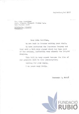 Carta emesa per Fernando Rubió Tudurí a John Mavrikos