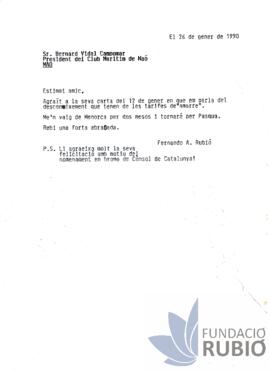 Carta emesa per Fernando Rubió Tudurí a Bernardo Vidal Campomar