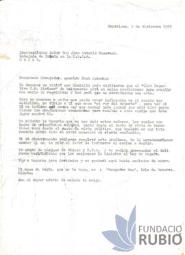 Carta emesa per Fernando Rubió Tudurí a Juan Antonio Samaranch
