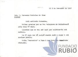 Carta emesa per Fernando Rubió Tudurí a Mercedes Montañés de Díaz