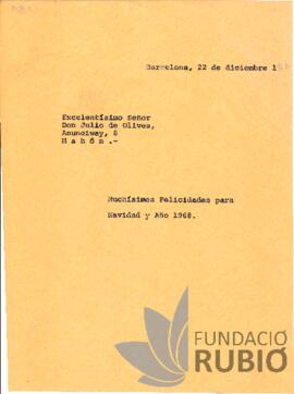 Carta emesa per Fernando Rubió Tudurí a Julio de Olives