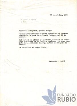 Carta emesa per Fernando Rubió Tudurí a Jorge de Esteban Alonso