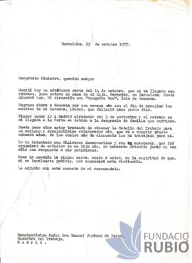 Carta emesa per Fernando Rubió Tudurí a Manuel Jiménez de Parga