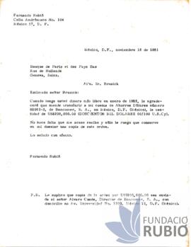 Carta emesa per Fernando Rubió Tudurí al Banque de Paris et des Pays Bas