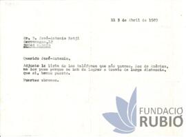 Carta emesa per Fernando Rubió Tudurí a Jose Antonio Matji