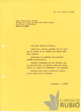 Carta emesa per Fernando Rubió Tudurí a Marie-Jose Blanco
