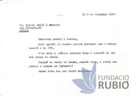 Carta emesa per Fernando Rubió Tudurí a Daniel Brull i senyora