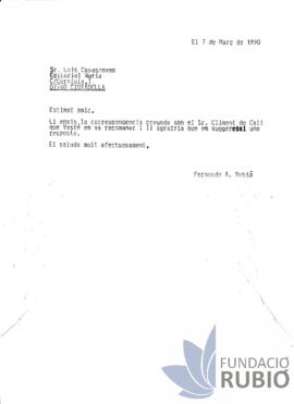 Carta emesa per Fernando Rubió Tudurí a Luis Casasnovas