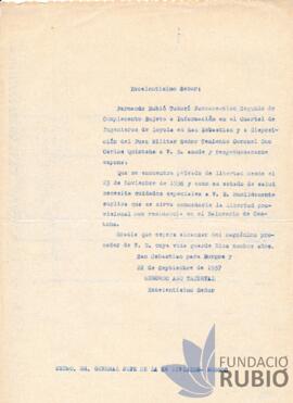 Carta emesa per Fernando Rubió Tudurí al General en Cap dela 6a Divisió a Burgos