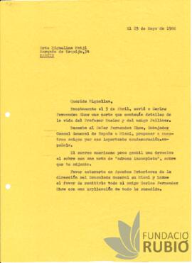 Carta emesa per Fernando Rubió Tudurí a Miguelina Matji