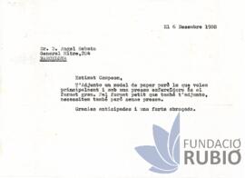 Carta emesa per Fernando Rubió Tudurí a Àngel Sabata